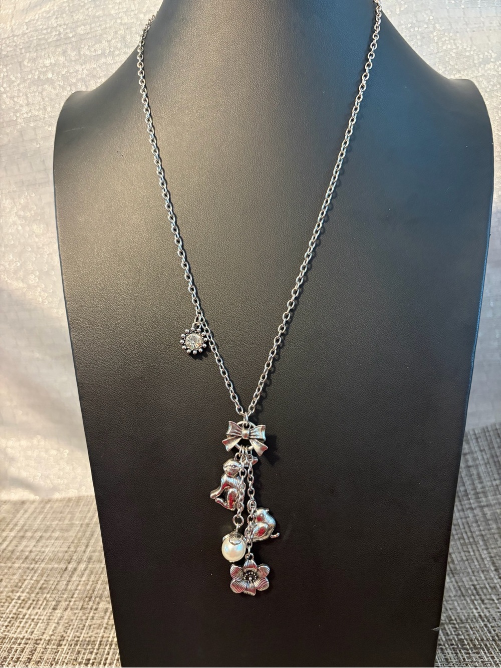 Silver-Tone Charm Drop Necklace with Bow and Floral Accents - Women Jewelry